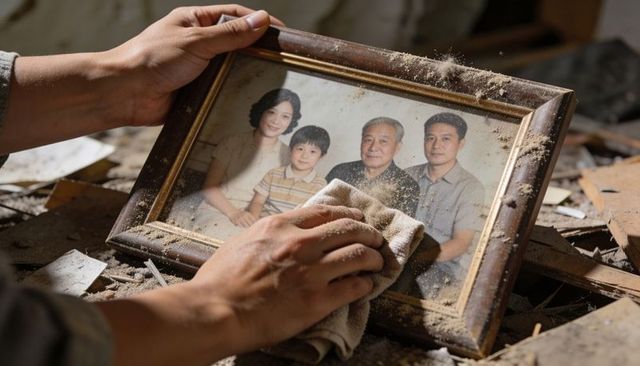 Dusting family portrait frame in ruined room evoking memory and loss