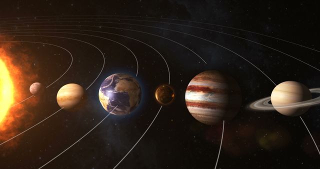 Illustration depicting aligned planets of solar system, showcasing their orbits around the sun. Useful for educational materials, astronomy presentations, science classes, and space exploration documentaries.