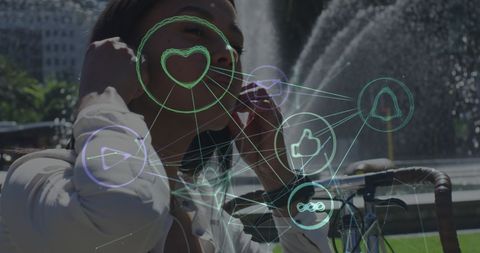 Woman in City with Overlay of Digital Networking Icons