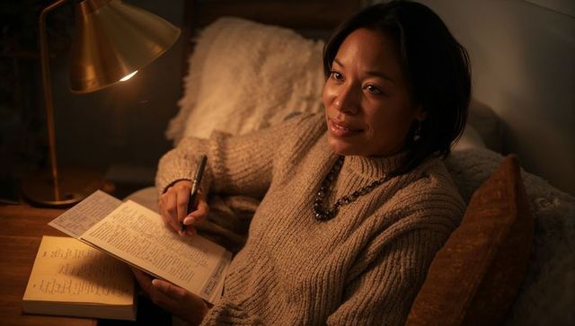 Woman reading and journaling in chunky turtleneck by brass lamp warm cozy evening nook