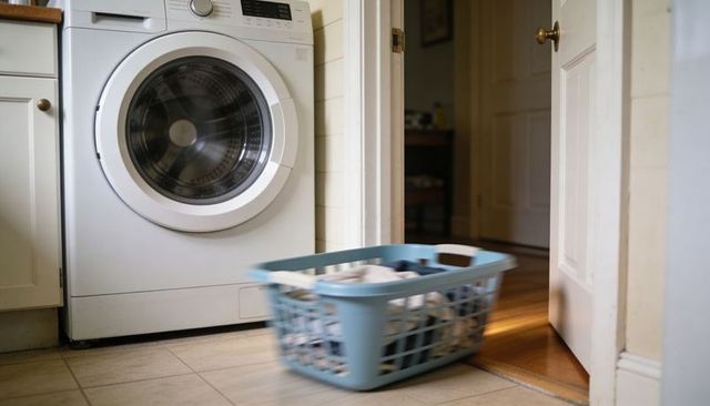 Blue laundry basket rolling across tiled floor into wood hallway beside front-load washer