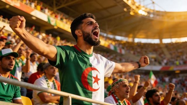 Passionate algeria football fans cheering in stadium, raising arms and waving flags