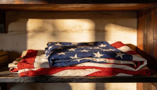 Folded american flag resting on rustic wood shelf in warm sunlight