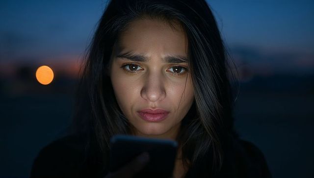 Young woman looking at smartphone at dusk with worried expression and moody blue lighting