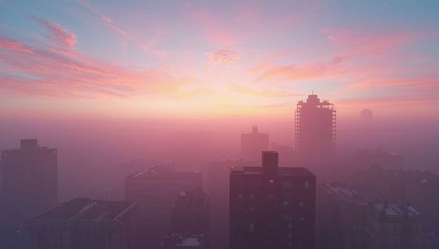 Sunrise silhouetted megacity skyline with scaffolding tower