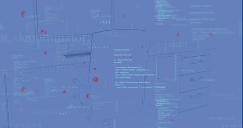 Blueprint-style office workstation outlining swivel chair with holographic code overlay