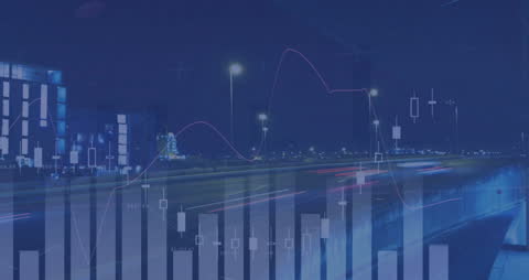 Overlay of Financial Data Visualizations on Cityscape Night View