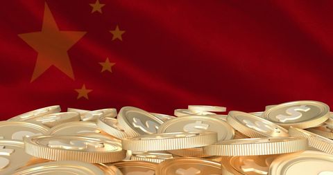 Chinese flag with stacked us dollar coins illustrating economic concept