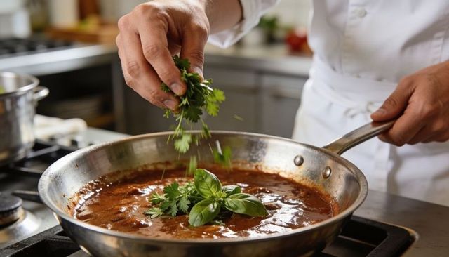 Chef in white coat sprinkling fresh parsley over simmering tomato basil sauce in skillet