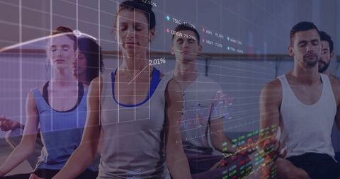 Group Meditating in Yoga Studio with Financial Data Overlay Representing Mindful Investing