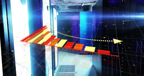 Modern data center with digital analytics overlay