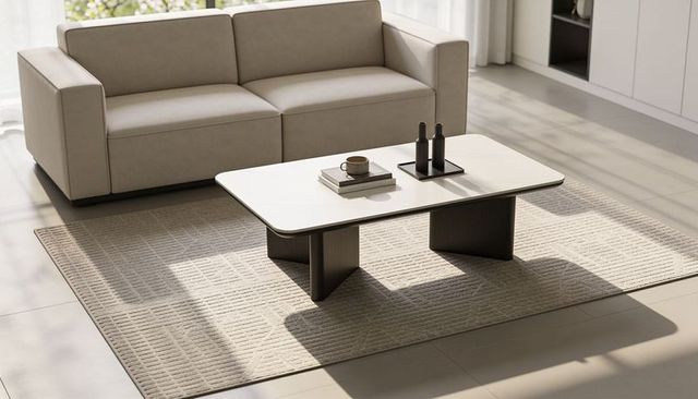 Low modern coffee table in sunlit minimalist living room with neutral sofa rug and tray