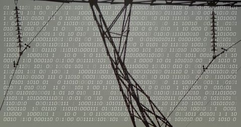 Steel transmission tower with binary code overlay