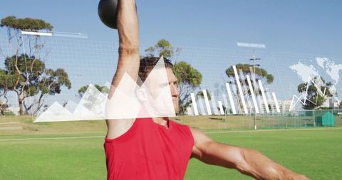 Athlete Lifting Kettlebell with Digital Fitness Data Overlay Outdoors