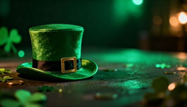 Velvet Green Leprechaun Top Hat with Gold Buckle on Rustic Table with Shamrocks and Coins