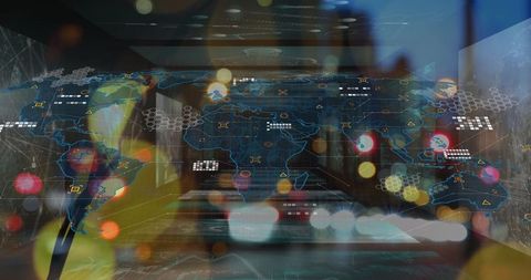 Futuristic transparent world map with glowing data nodes