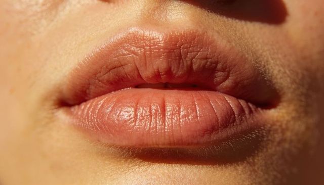 Macro close-up showing natural lips, skin texture, pores and glossy finish
