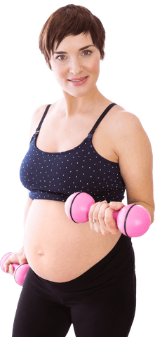Transparent pregnant woman exercising with dumbbells smiling confident
