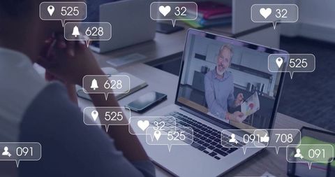 Mid Adult Woman Engaging in Virtual Meeting with Interactive Digital Overlays