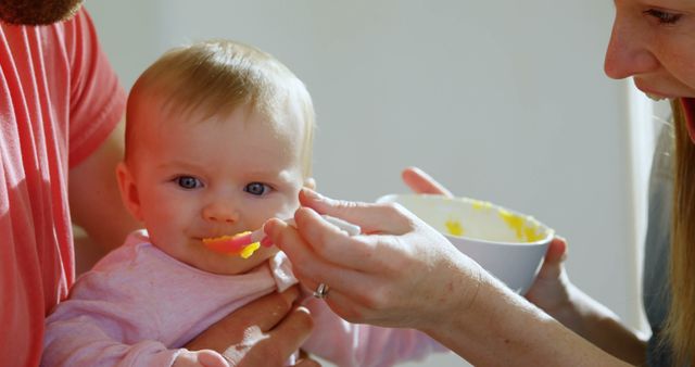 Mother Feeding Baby with Spoonful of Pureed Food at Home - Download Free Stock Images Pikwizard.com