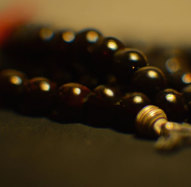 This image depicts a close-up view of a string of black prayer beads with a shallow depth of field creating a soft focus. Suitable for use in articles, blogs, and social media posts about meditation, spirituality, religious practices, and tranquility.