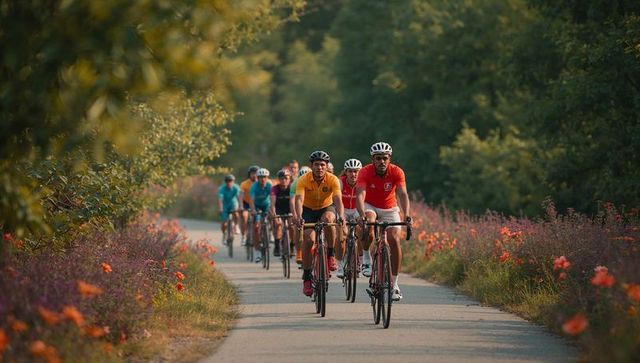 Cyclists Riding on Scenic Forest Path in Vibrant Nature