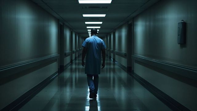 Walking male clinician in blue scrubs down dim hospital corridor during night shift