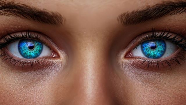 Closeup turquoise blue iris portrait showing intense gaze and detailed texture