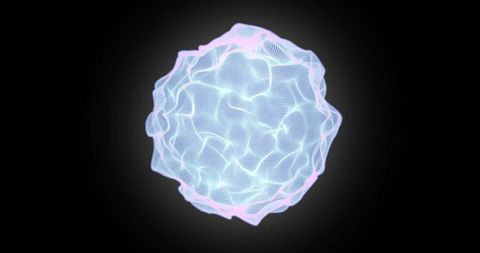 Neon wireframe sphere pulsing with light nodes and pink halo on dark background