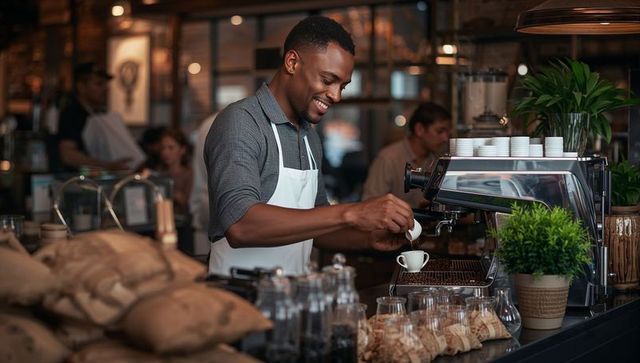 Smiling barista pouring steamed milk into espresso at cozy urban coffeehouse counter
