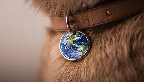Earth dog tag resting on leather collar close-up showing globe pendant on fur