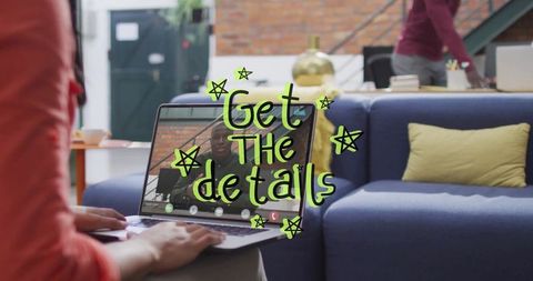 Woman Conducting Remote Meeting on Laptop in Modern Office Lounge