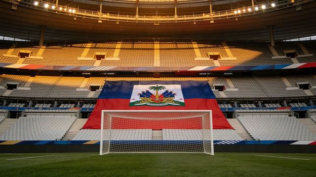 Empty stadium soccer goal showcasing giant haitian flag draping central stands at sunset