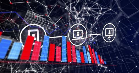 Futuristic network analytics visualization with 3d bar chart and connected device icons
