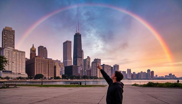 Man pointing at full rainbow arching over chicago skyline at sunset on lakeside promenade