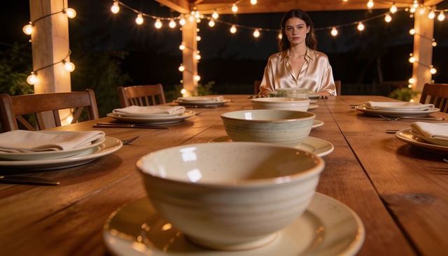 Woman sitting at long rustic table under pergola with string lights, intimate evening dining
