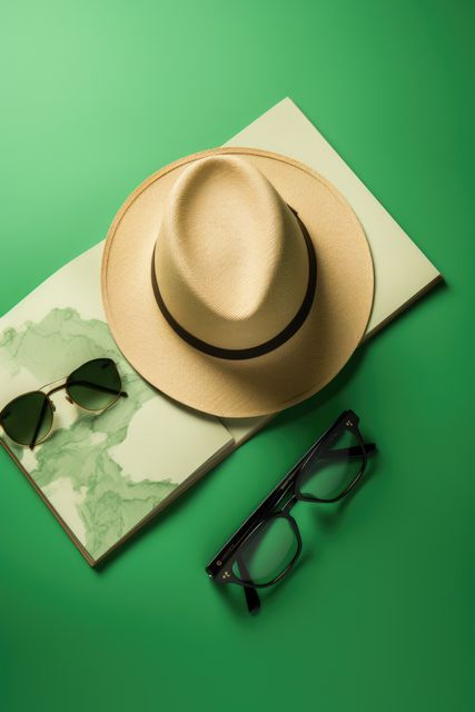 Glasses, sunglasses, hat and map on green background, created using generative ai technology - Download Free Stock Photos Pikwizard.com