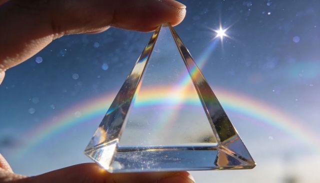 Hand holding glass prism refracting rainbow arc with sun flare and starburst bokeh