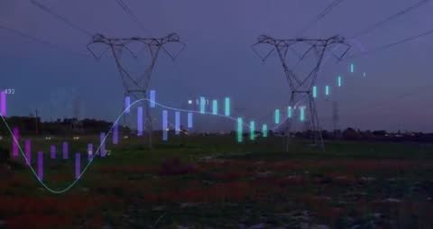 Futuristic Landscape: Power Lines and Digital Data Visualization