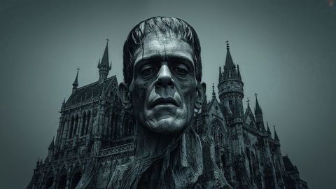 Frankenstein's monster overlooking ancient cathedral