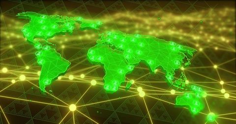 Neon green global network map with connected user nodes and glowing data links