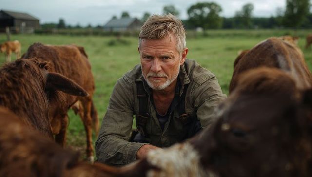 Farmer tending cattle in peaceful rural pasture