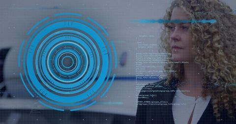 Blonde executive analyzing data with futuristic hud, code overlay, waveform
