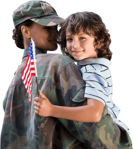 Transparent Soldier Embracing Boy Holding American Flag