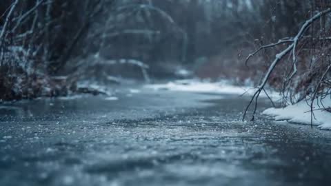Snowflakes Creating Concentric Ripples on Thin Ice of Shallow Winter Forest Creek