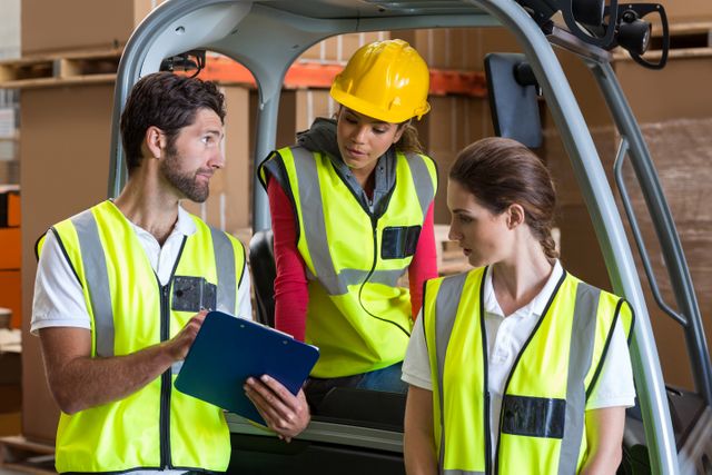 Warehouse workers in safety vests and hard hat reviewing a clipboard while standing near a forklift. Ideal for use in articles or advertisements related to logistics, inventory management, workplace safety, teamwork, and industrial operations.