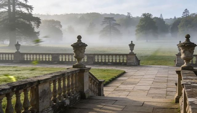 Misty morning on neoclassical stone terrace with ornate balustrade, urns, estate grounds