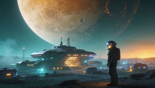 Lone astronaut surveying high-tech lunar outpost beneath massive planetary horizon at dawn