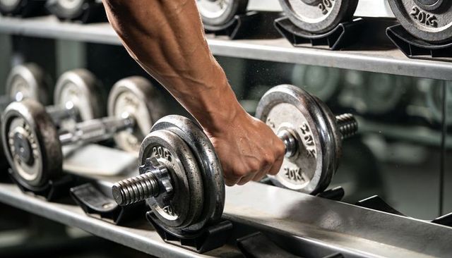 Gripping 20kg adjustable dumbbell on rack showing forearm veins and strength
