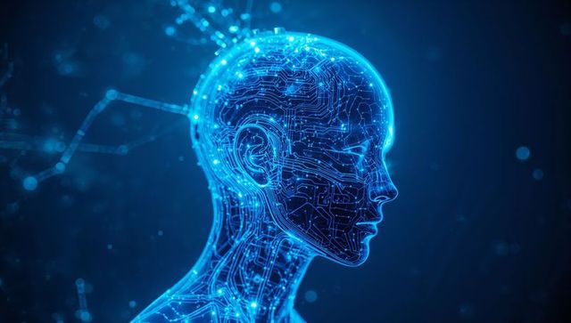 Ai humanoid with glowing circuitry in cyber space